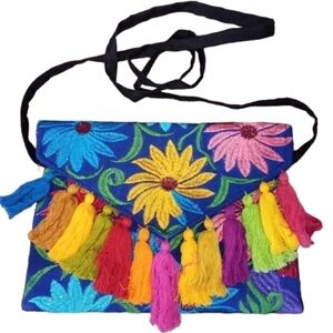 Mexican Vibrant Multicolored Embroidered Tassel Envelope Crossbody Bag Handmade